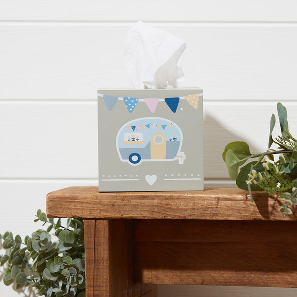 Wooden Tissue Box - Decorated with Caravan & Bunting