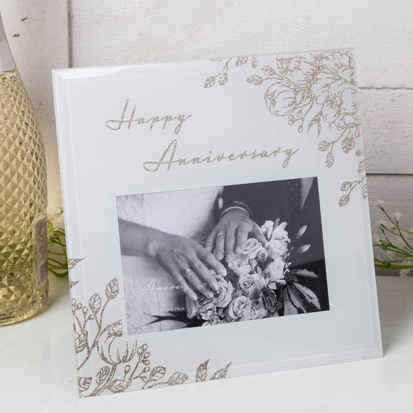 Happy Anniversary Gold & Floral Glass Frame  6" x 4"