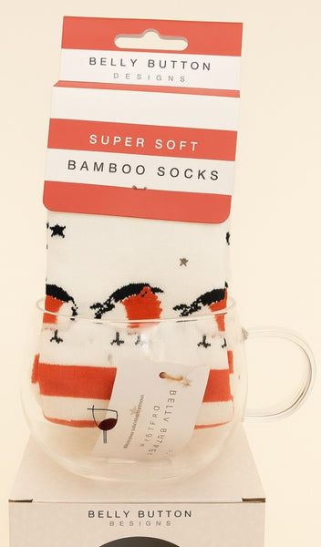 Robins Glass Mug & Red Stripe Robin Socks Set.
